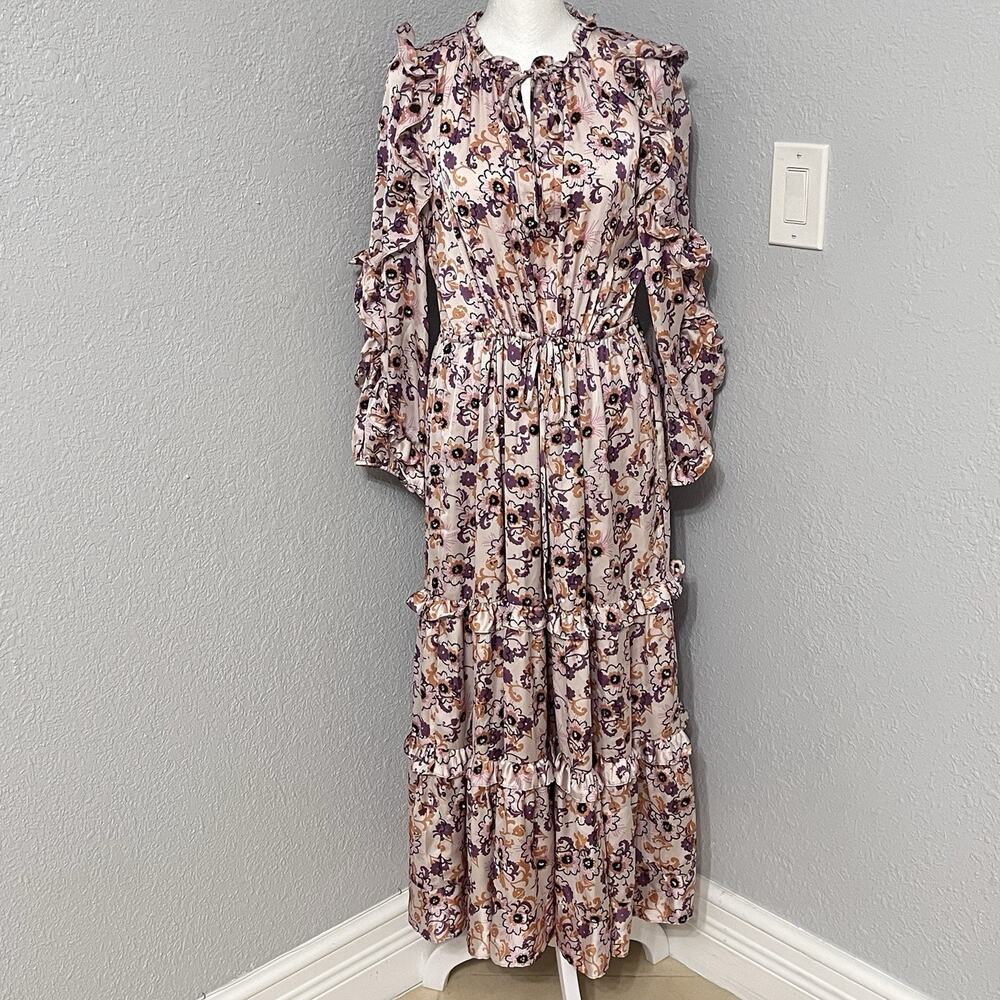 Alexis Satin Sequined Floral Adjustable Waist Peasant Flowy Maxi Dress Size XS